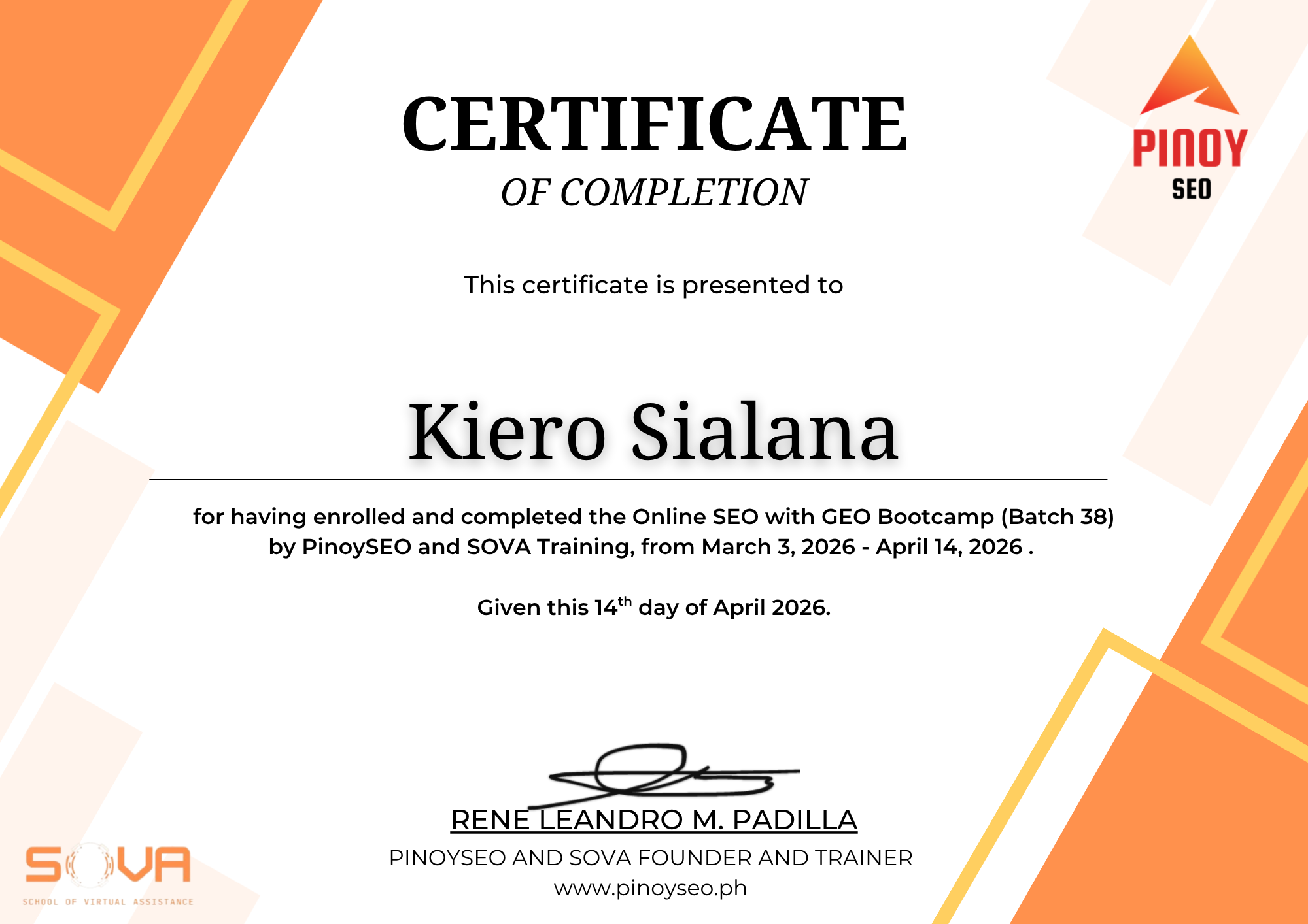 Kiero Sialana – Official Certificate of Completion as SEO Specialist trained at pinoyseo.ph in Bukidnon, Philippines